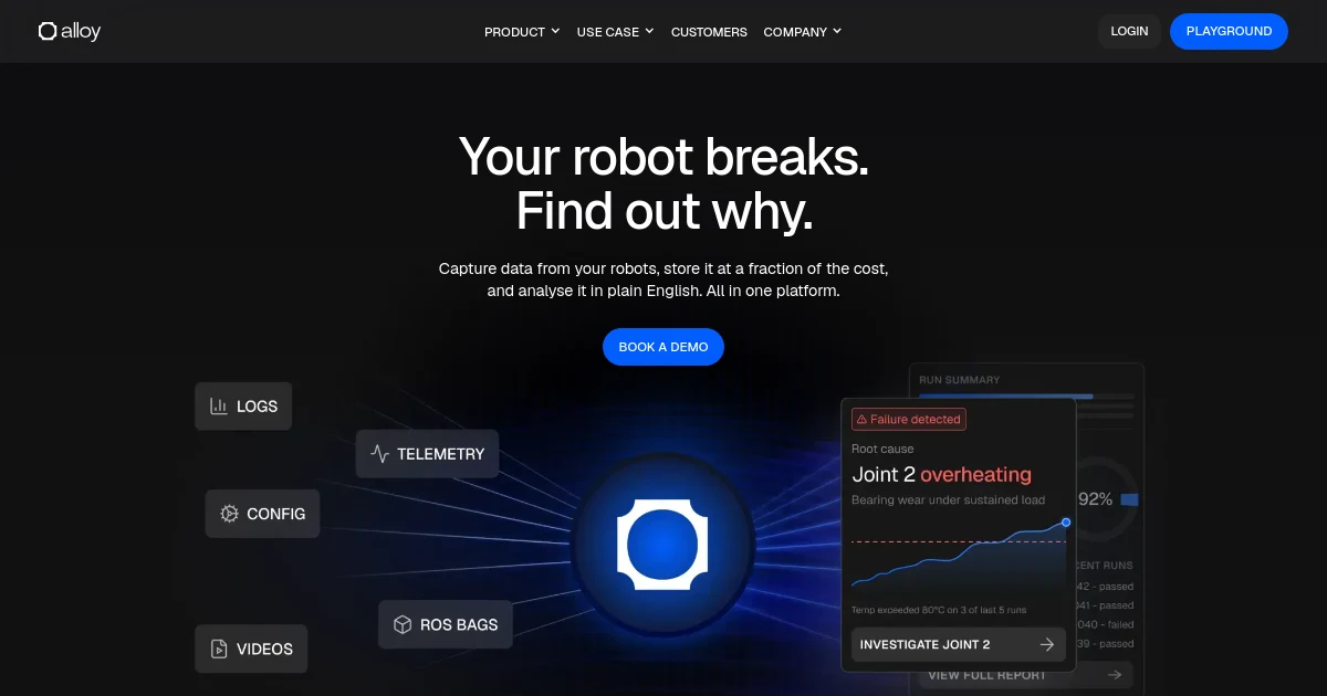 Alloy homepage showing an AI agent identifying a robot joint overheating as the root cause of a failure