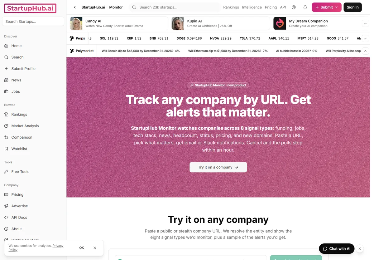 The Monitor page, where a company URL is pasted and the watch signals are chosen.