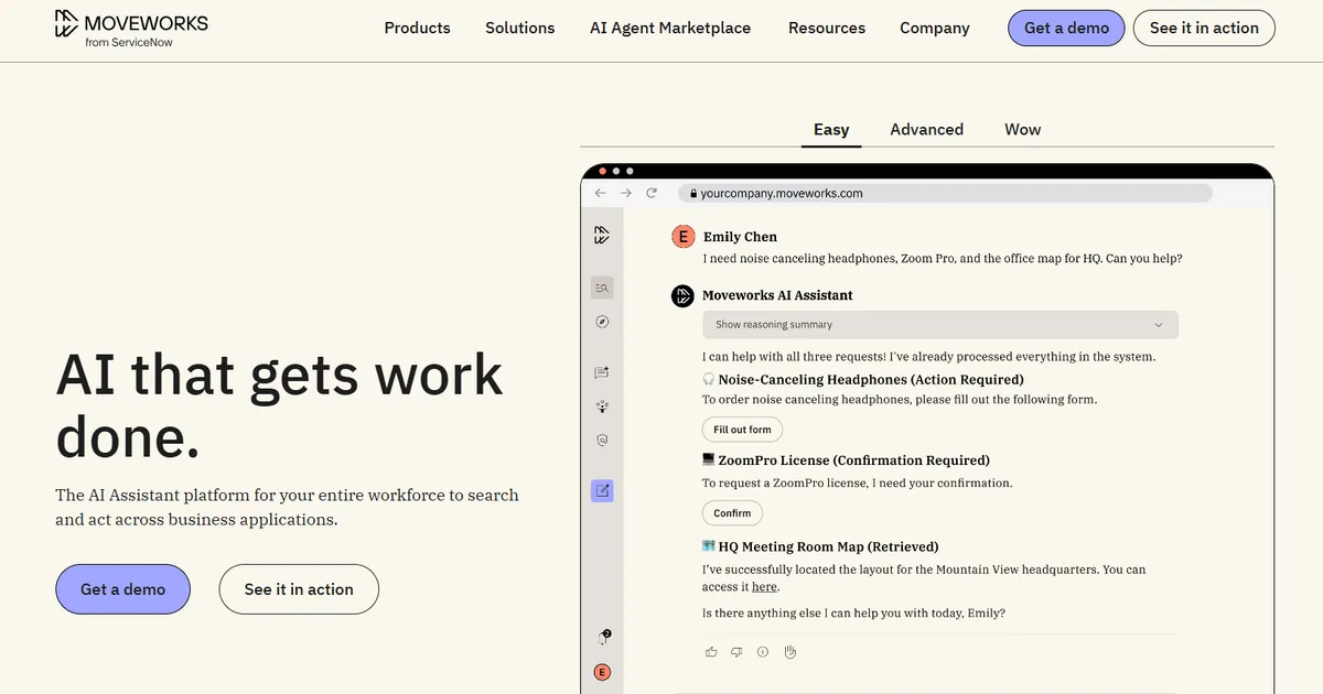 Moveworks AI agent workflow platform interface