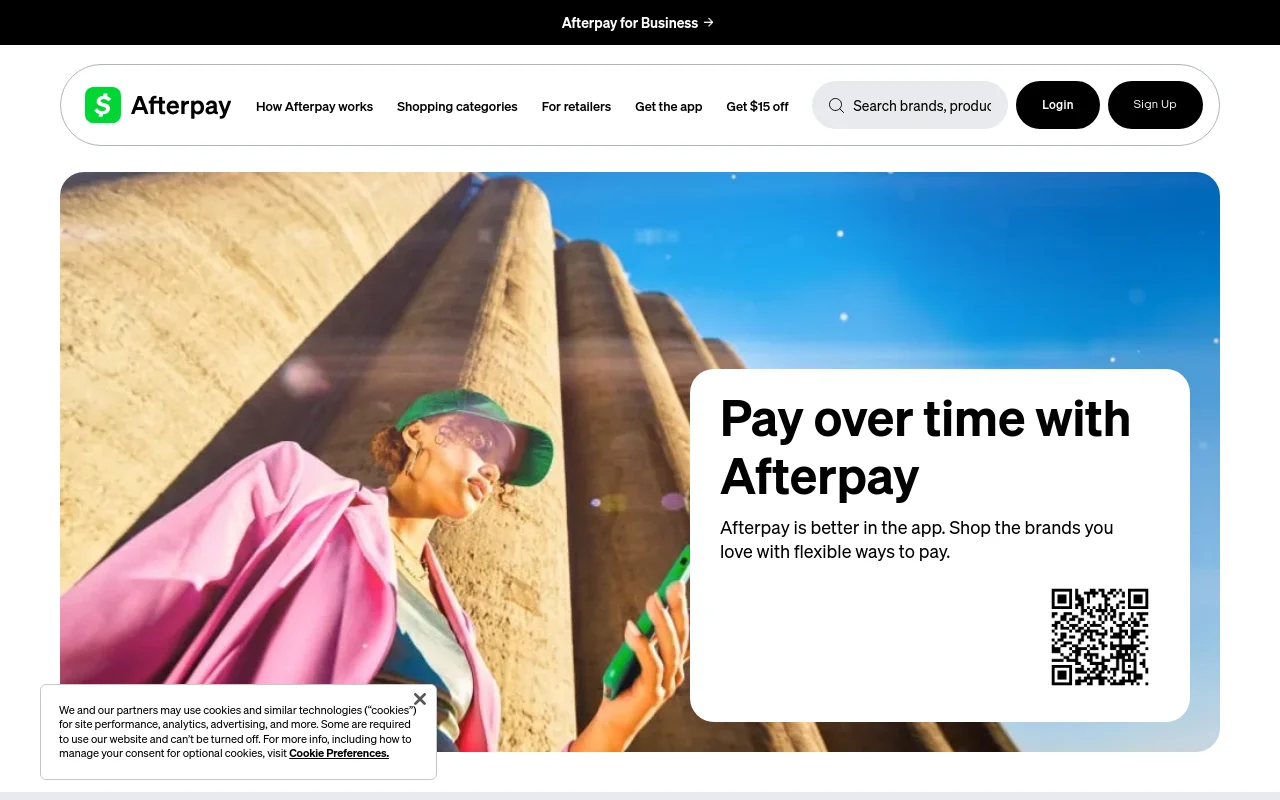 Afterpay homepage promoting paying in four instalments