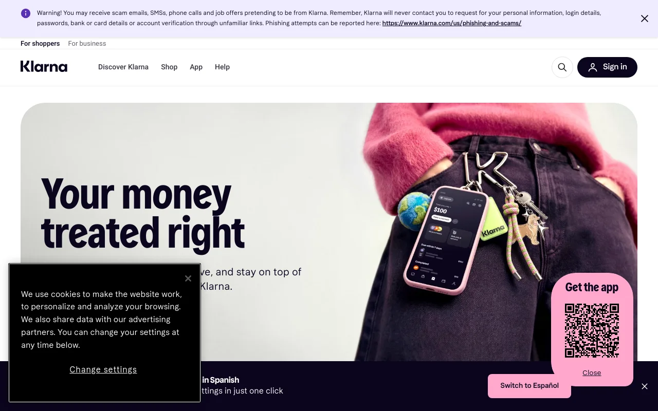 Klarna homepage with the tagline Your money treated right and a phishing warning banner