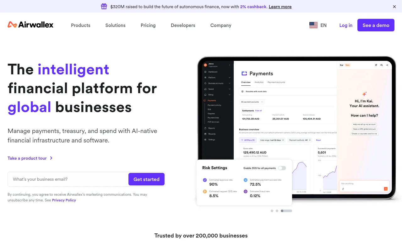 Airwallex homepage describing an intelligent financial platform for global businesses