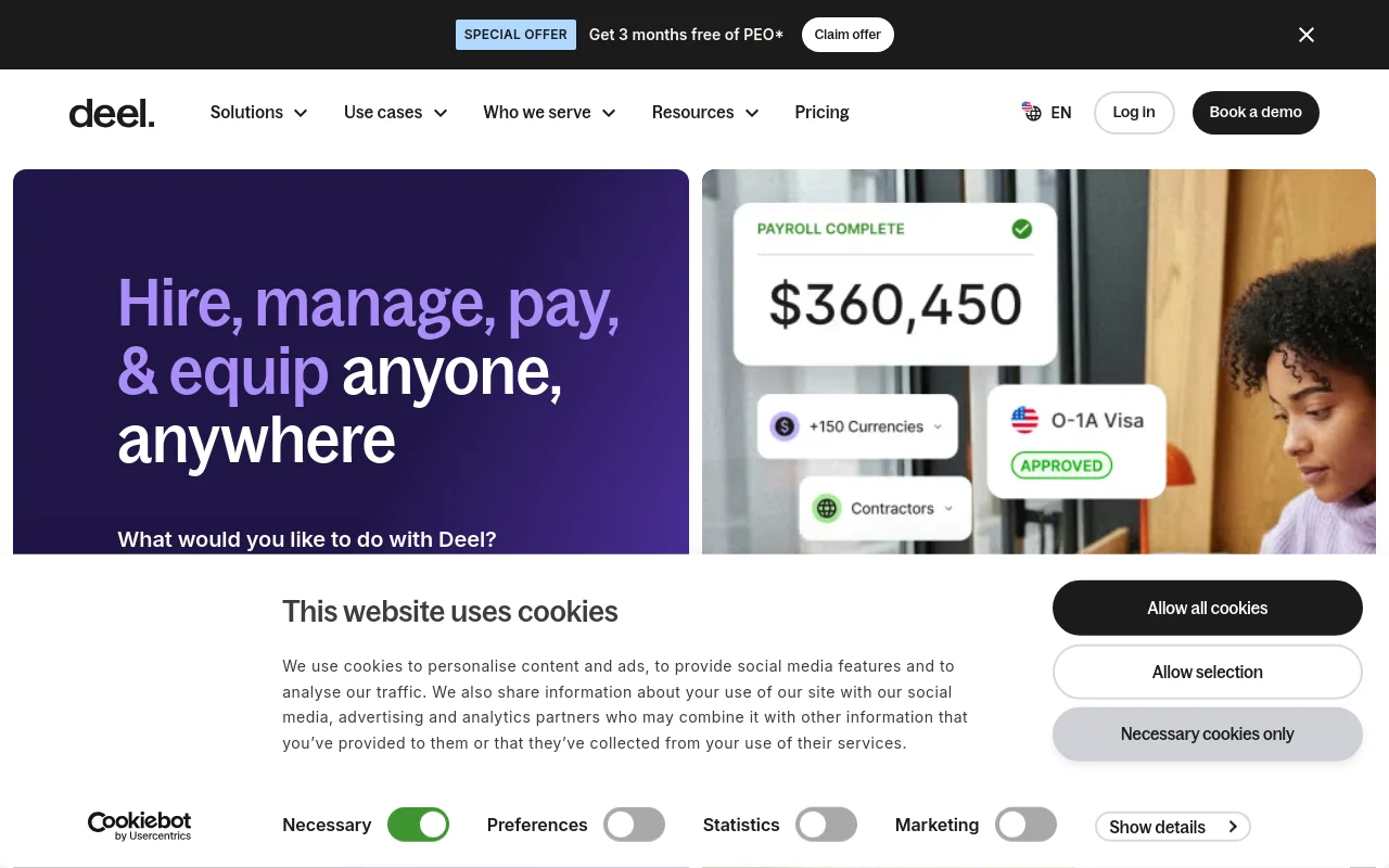 Deel homepage advertising hiring, managing and paying workers anywhere