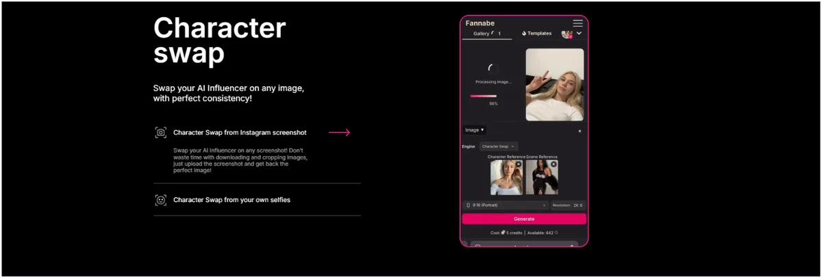 Fannabe character swap turning an Instagram screenshot into an AI influencer image