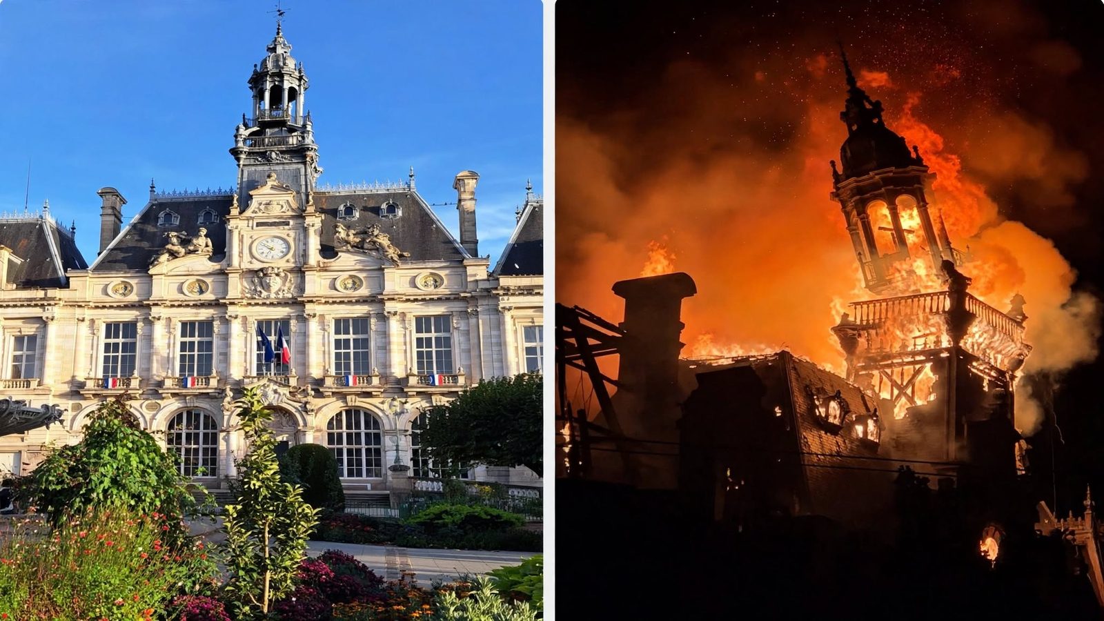 Two side by side photos of Limoges city hall in daylight and same building on fire at night on 17 October 2026