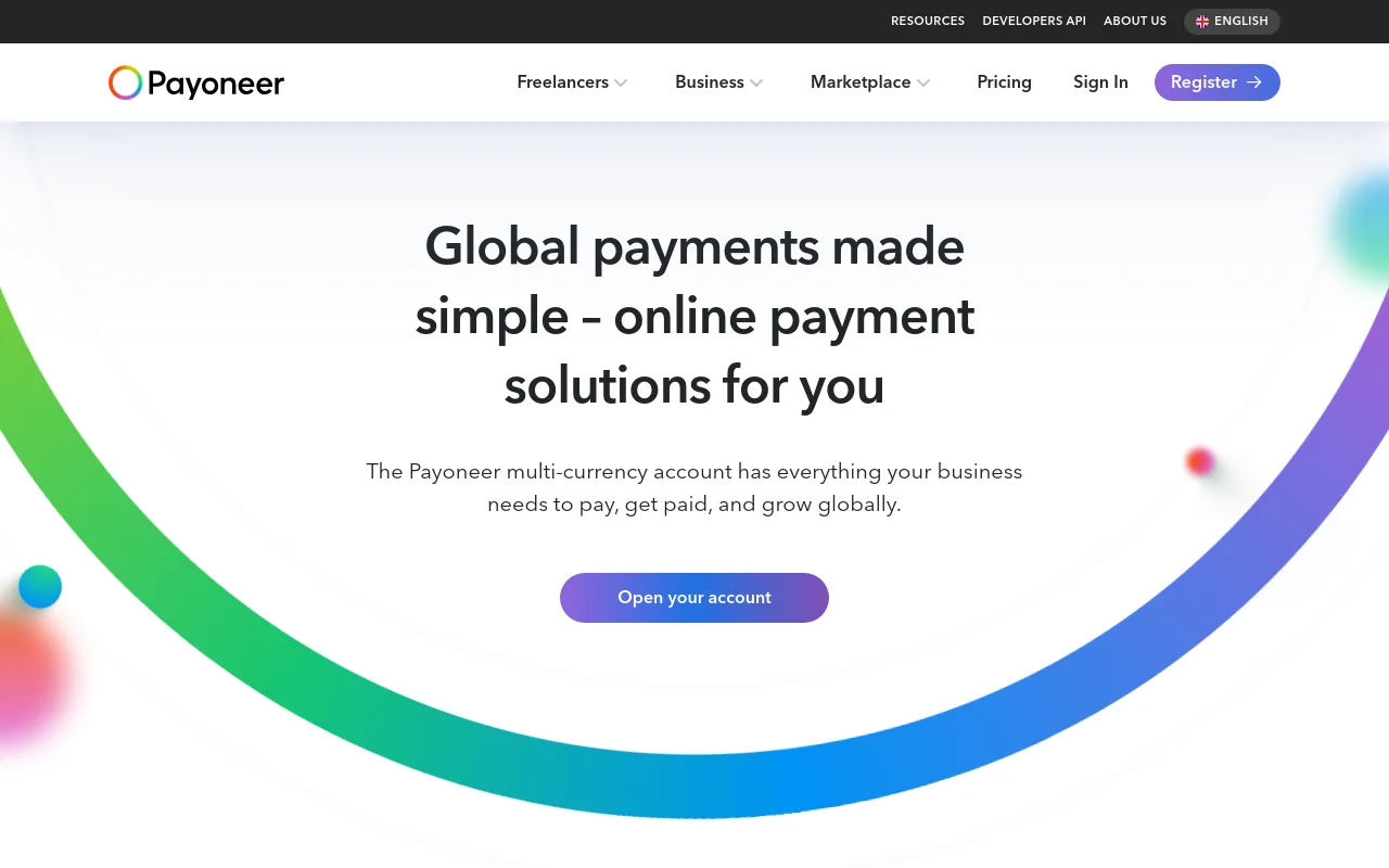 Payoneer homepage promoting its multi-currency account for global payments