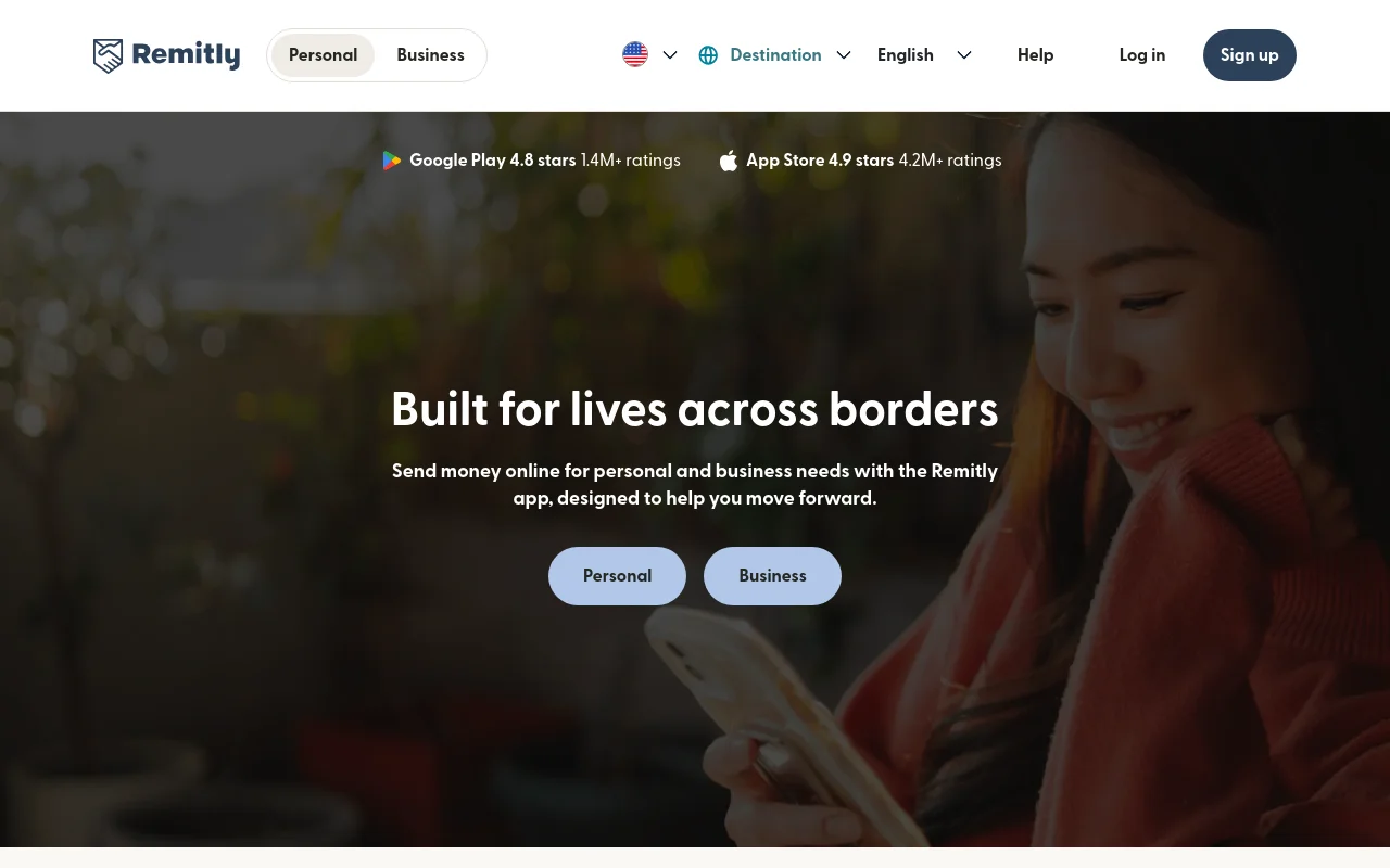 Remitly homepage with the tagline Built for lives across borders and app store ratings