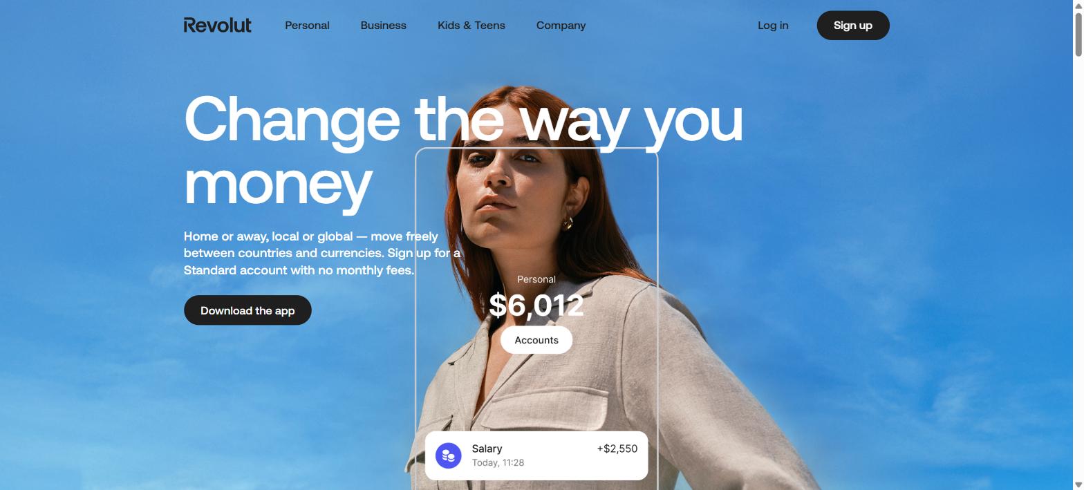 Revolut homepage with the tagline Change the way you money