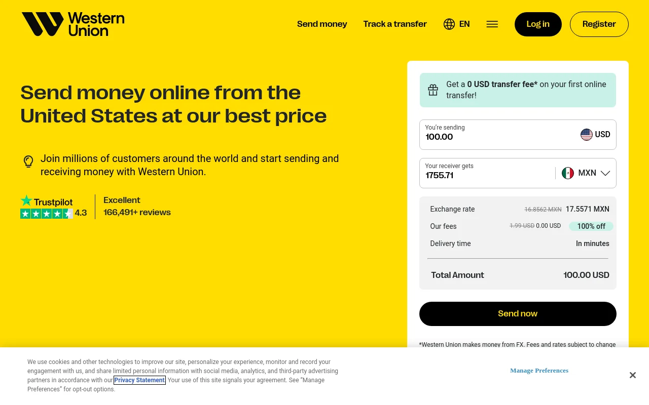 Western Union homepage with a live send money quote and Trustpilot rating