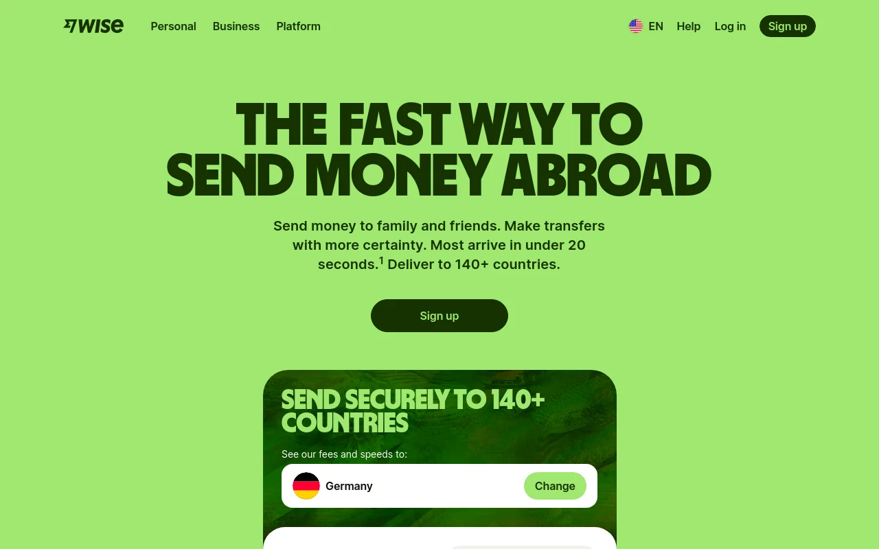 Wise homepage advertising fast international transfers to over 140 countries