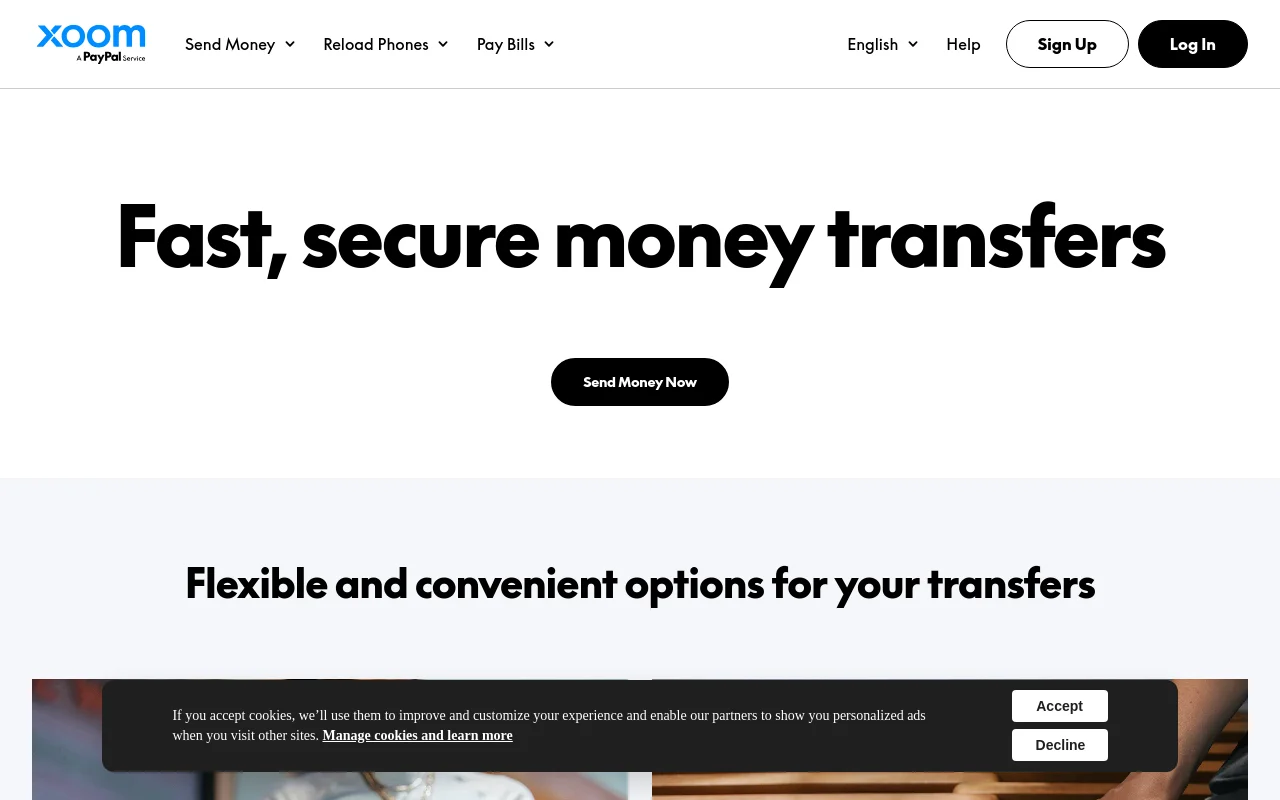 Xoom homepage, a PayPal service, advertising fast secure money transfers