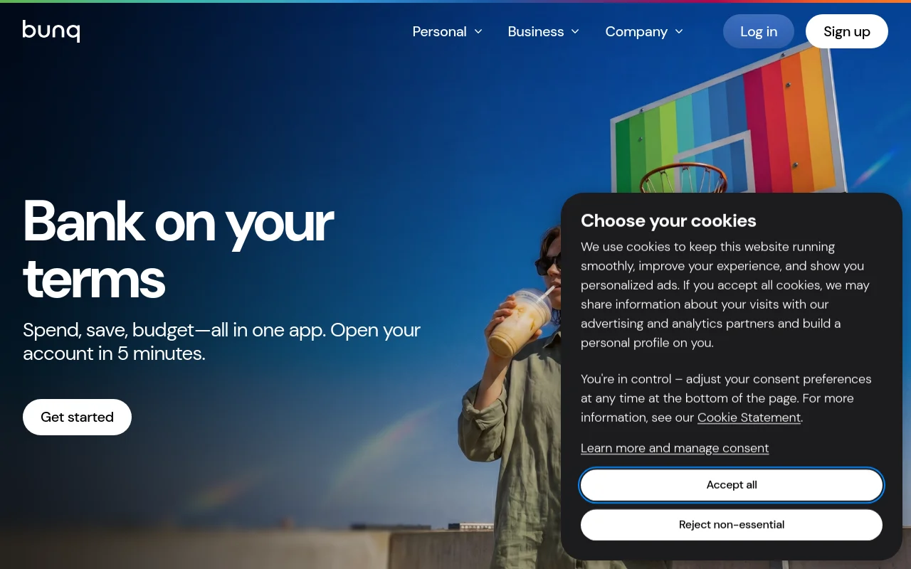 bunq homepage with the tagline Bank on your terms