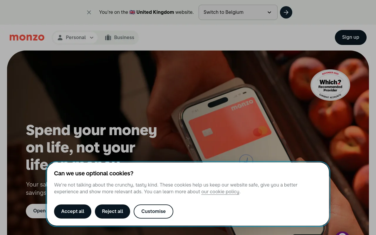 Monzo homepage showing its coral card and Which Recommended Provider badge