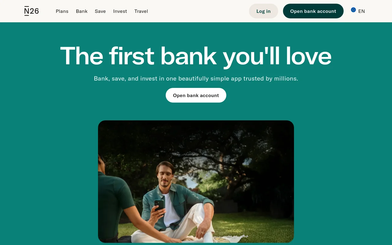 N26 homepage with the tagline The first bank you will love