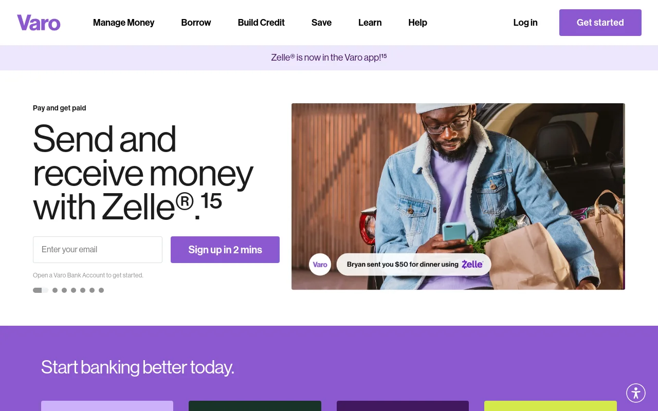 Varo homepage promoting sending and receiving money with Zelle