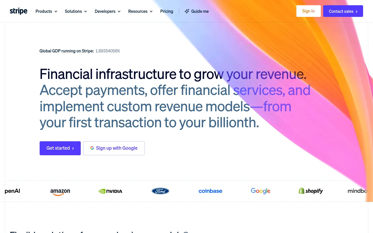Stripe homepage: financial infrastructure to grow your revenue