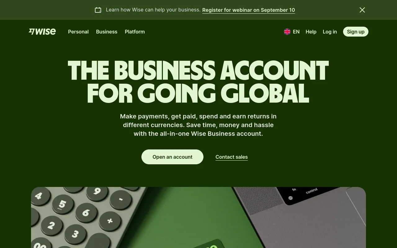 Wise Business homepage: the business account for going global