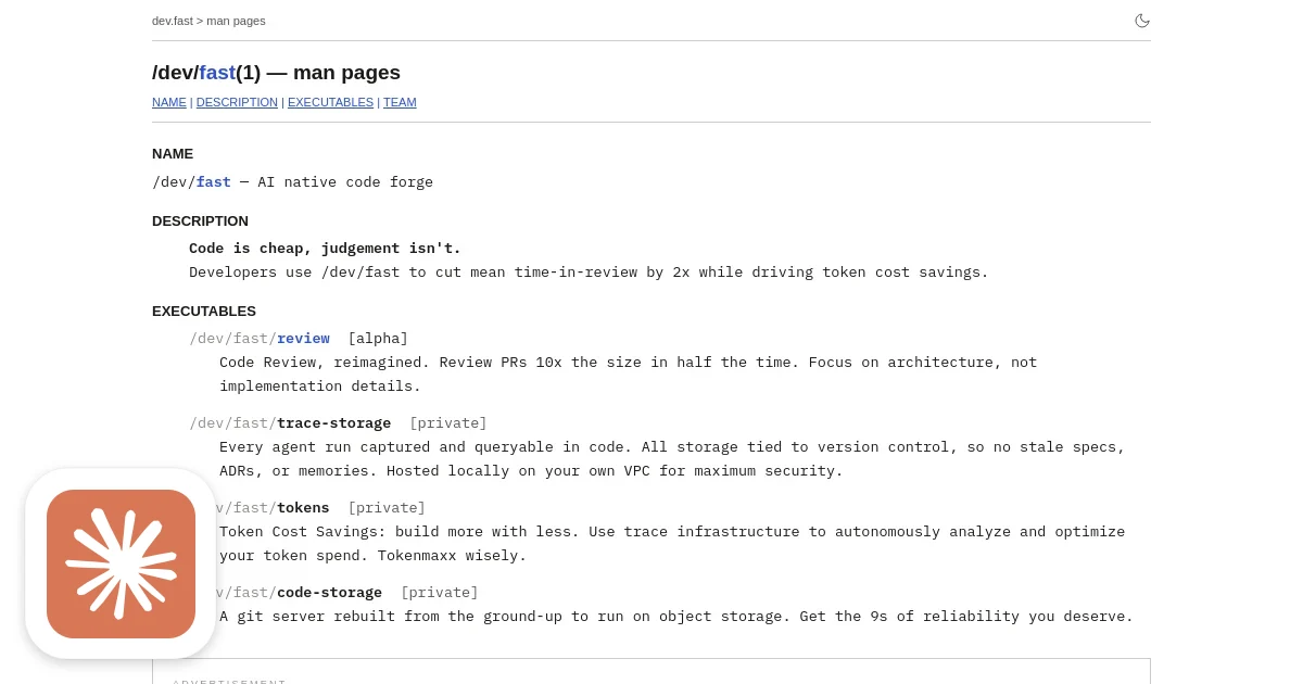 /dev/fast homepage screenshot with Claude's Corner badge