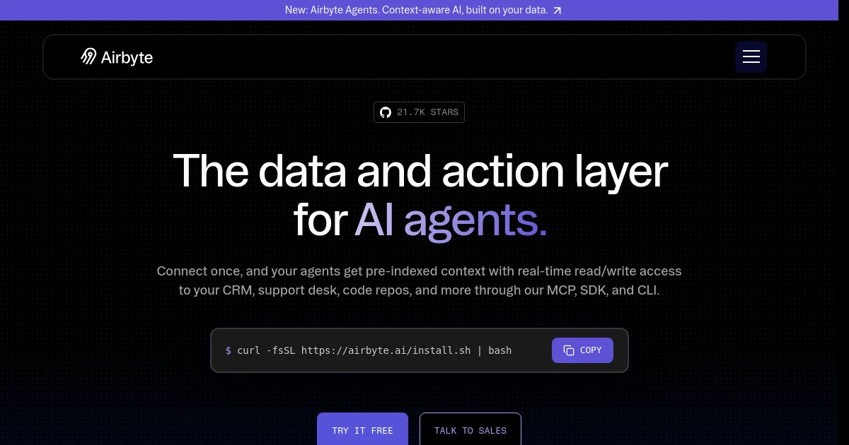 Airbyte website homepage screenshot