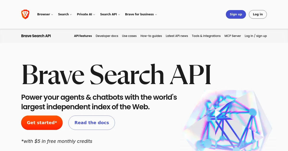 Brave Search API website homepage screenshot