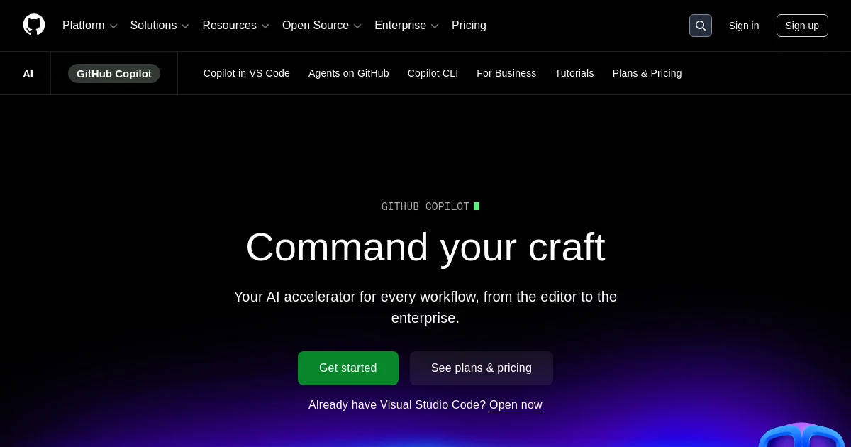 GitHub Copilot website homepage screenshot
