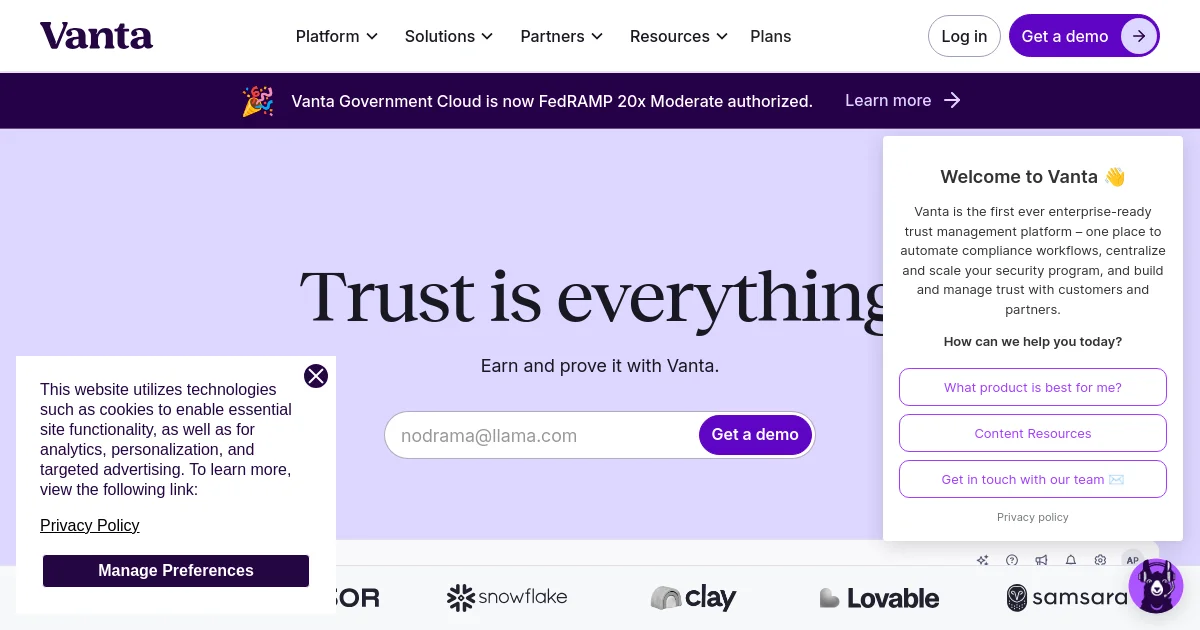 Vanta website homepage screenshot
