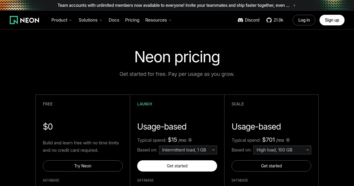 Neon website homepage screenshot
