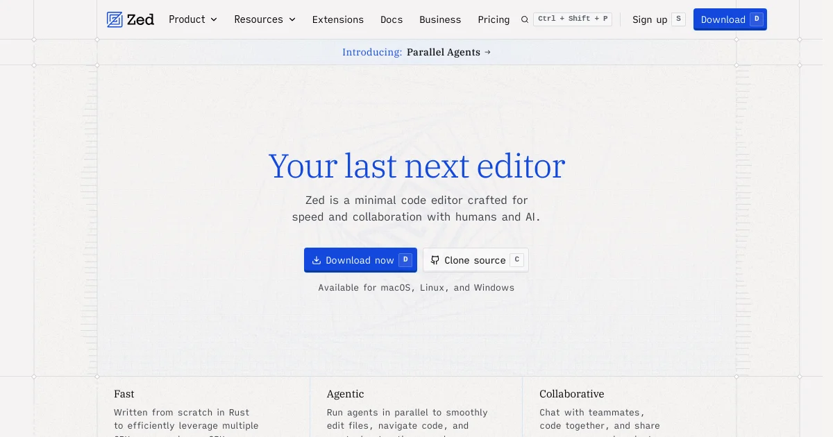 Zed website homepage screenshot