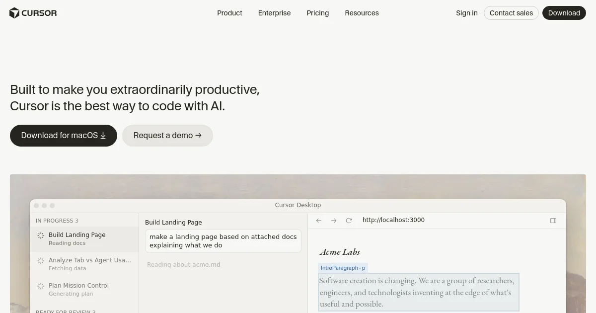 Cursor website homepage screenshot