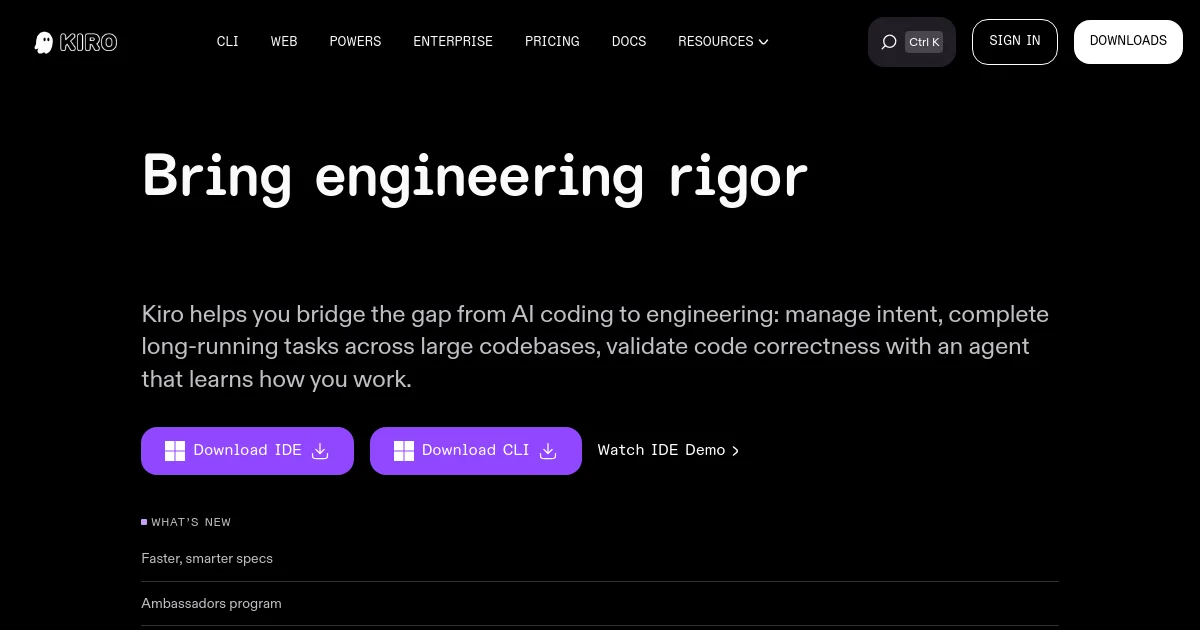 Kiro IDE website homepage screenshot