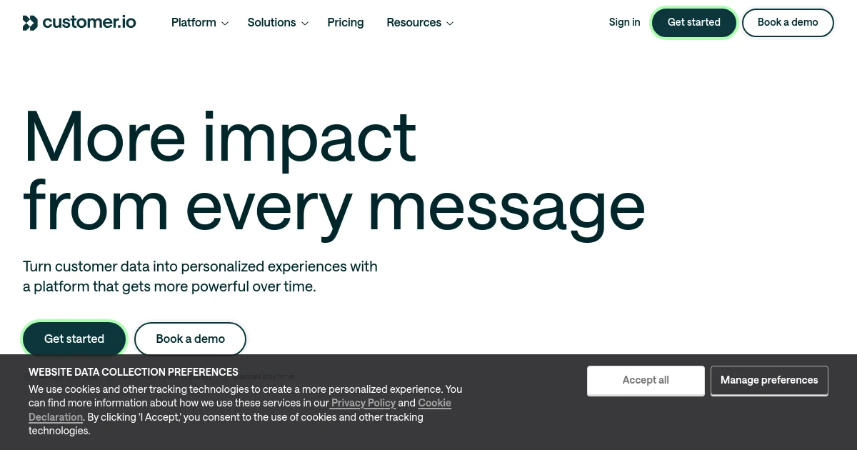 Customer.io website homepage screenshot