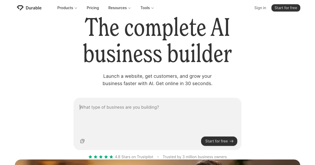 Durable website homepage screenshot