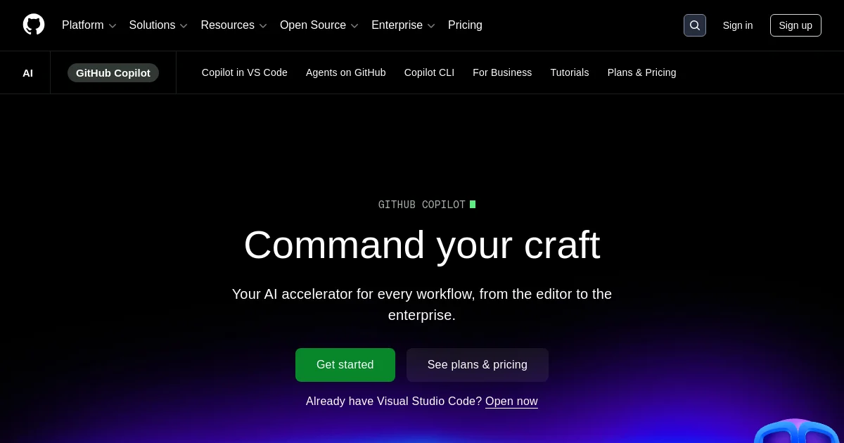 GitHub Copilot website homepage screenshot