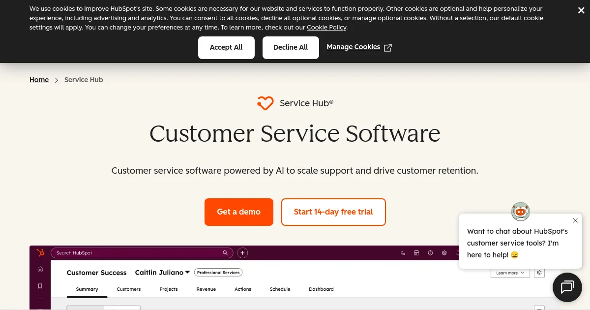 HubSpot Service Hub website homepage screenshot