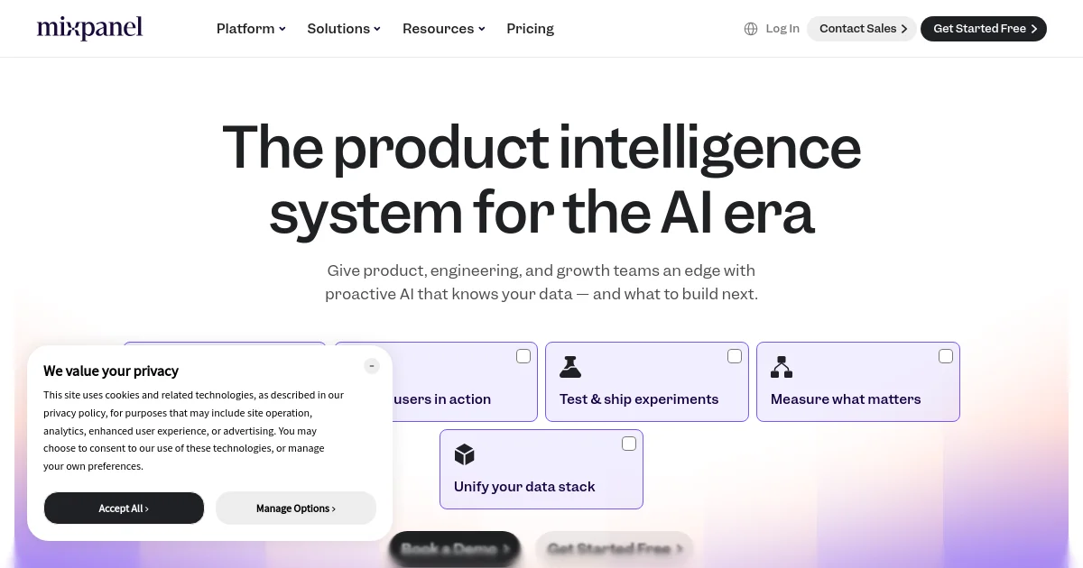 Mixpanel website homepage screenshot