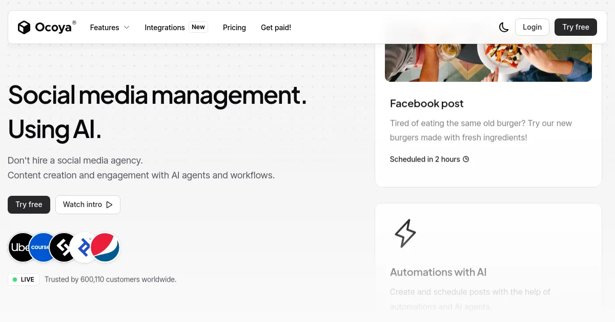 Ocoya website homepage screenshot