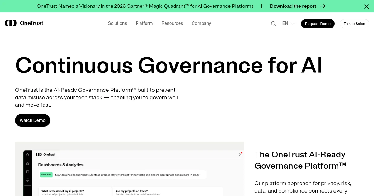 OneTrust website homepage screenshot