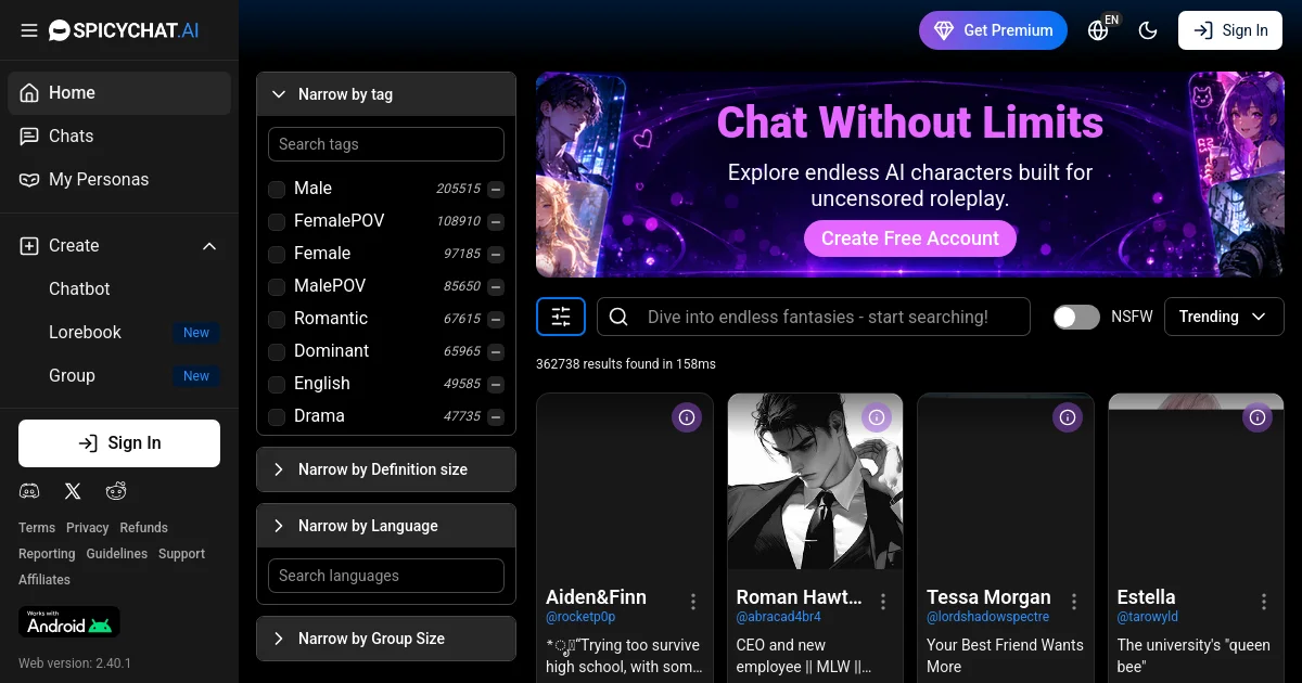 Spicychat website homepage screenshot