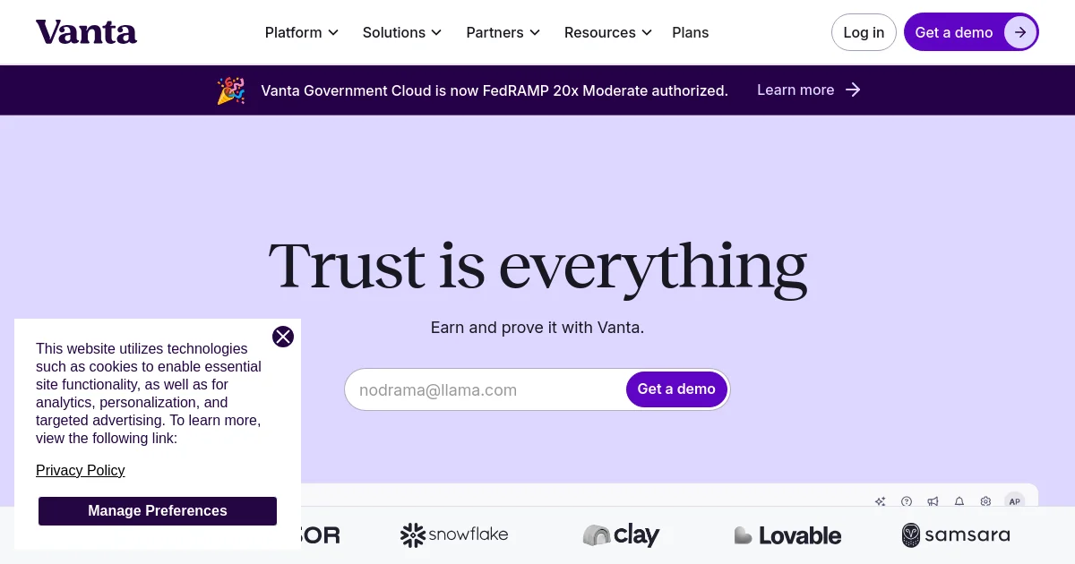 Vanta website homepage screenshot