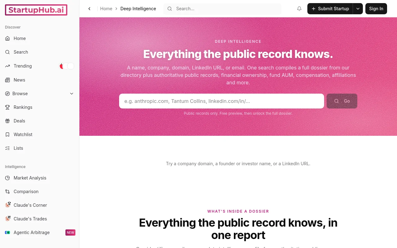 StartupHub.ai Deep Intelligence lookup enriching a company on demand