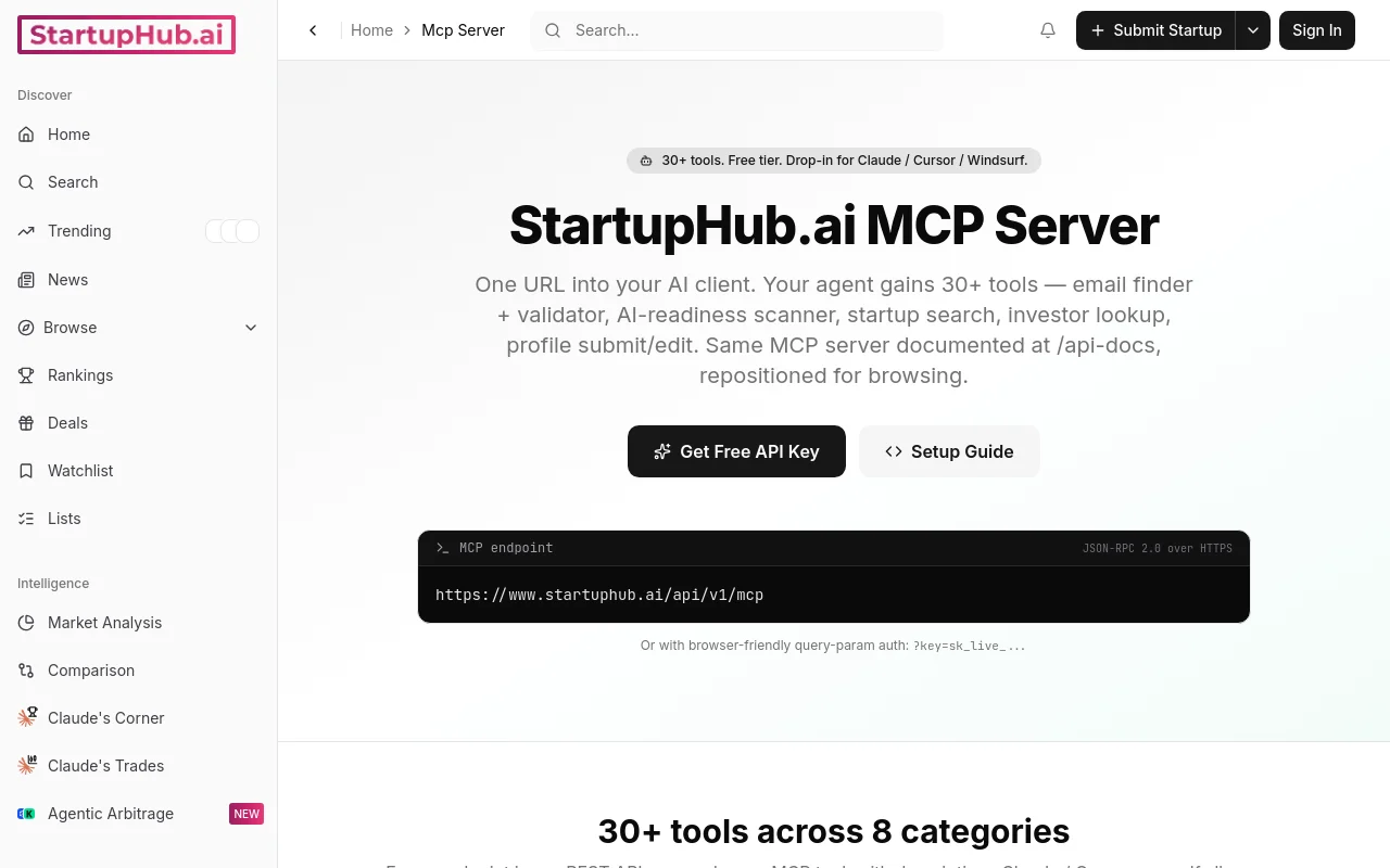 StartupHub.ai MCP server and API for developers and AI agents