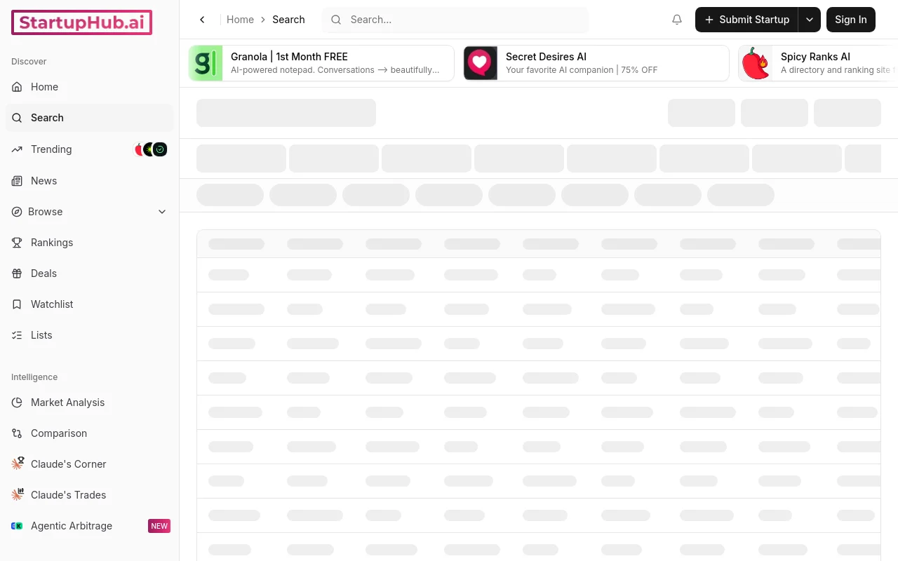 StartupHub.ai search with tech-spend estimates and location, stage and fundraising filters