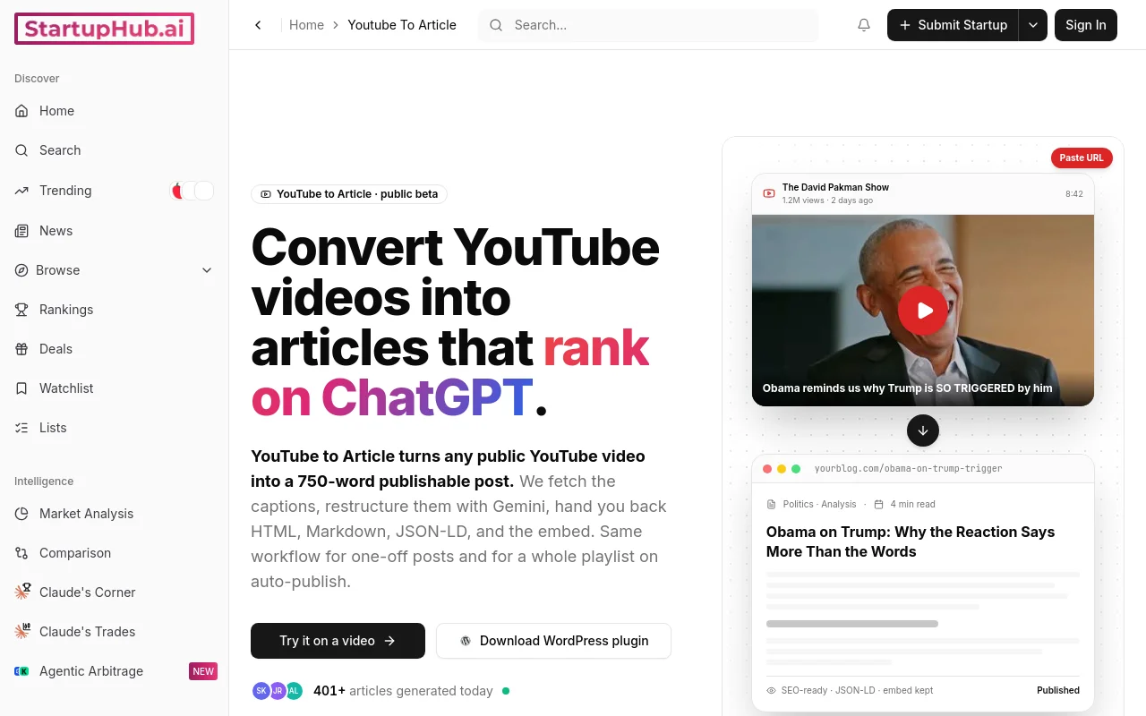 StartupHub.ai YouTube to Article tool turning a video transcript into a publish-ready article