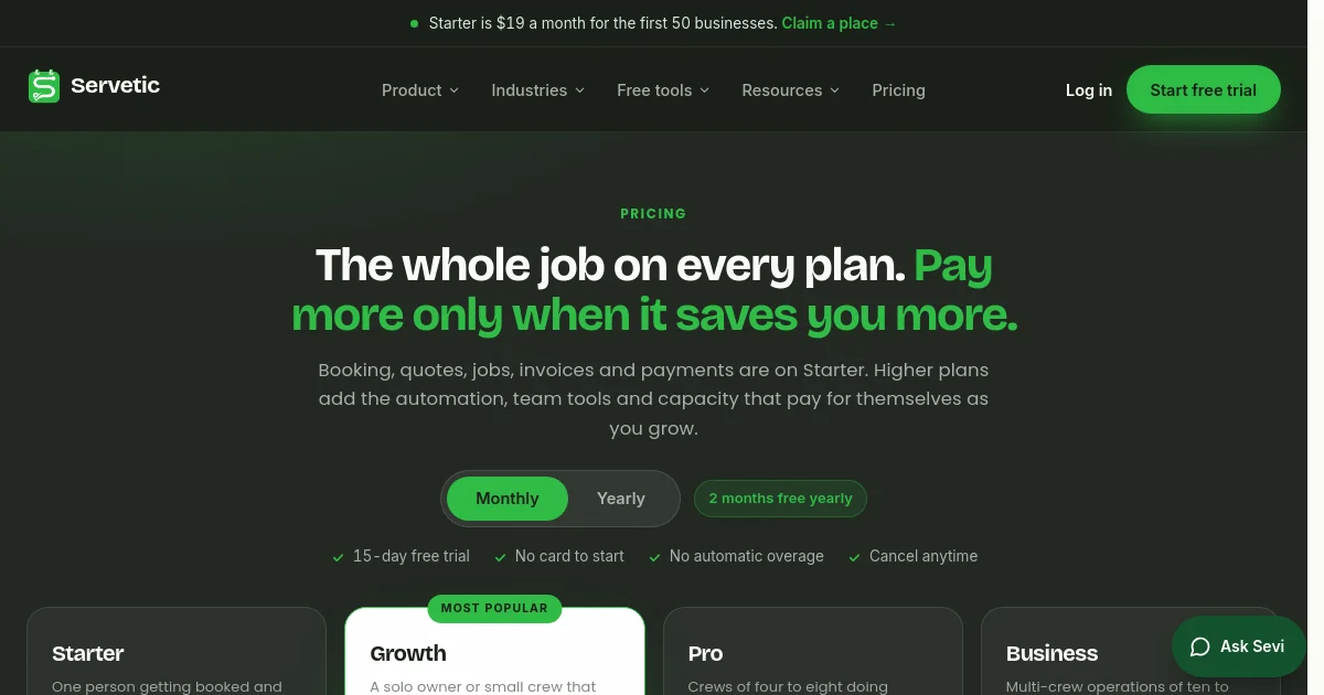 Servetic pricing page