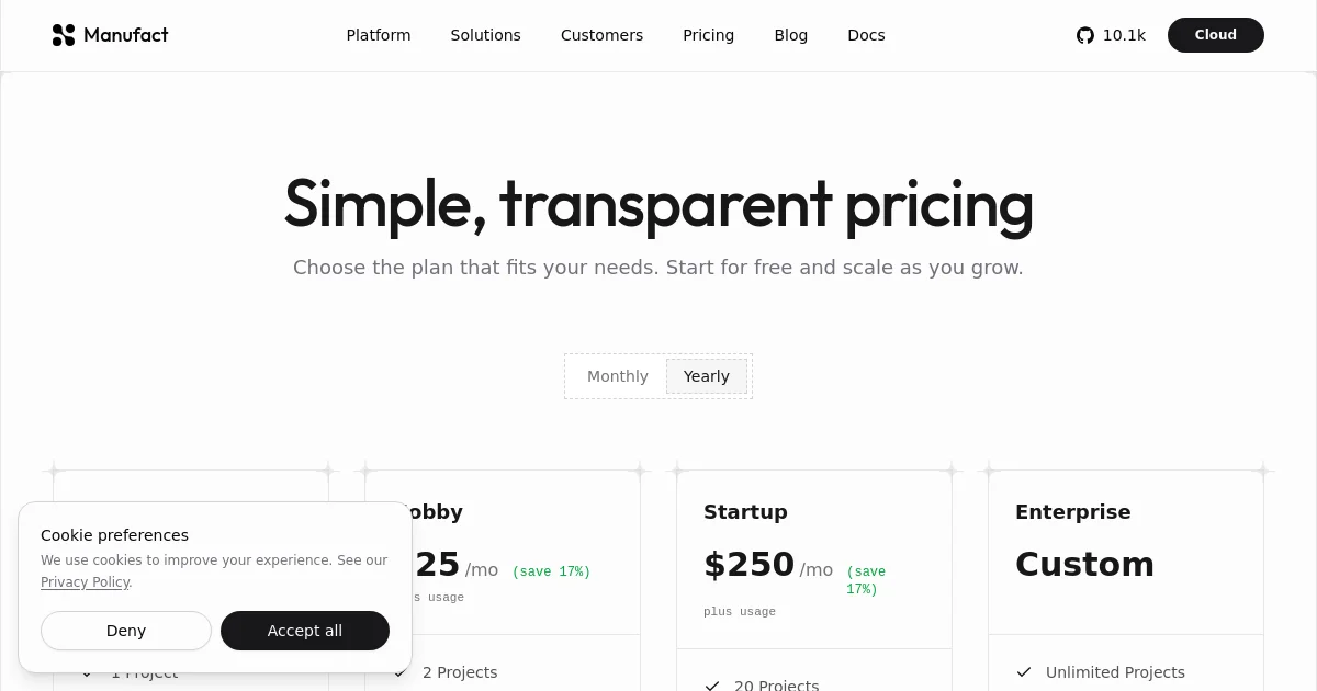 Manufact Inc. pricing page