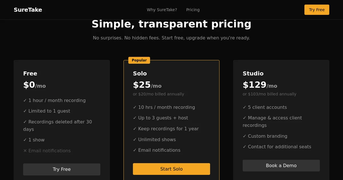 Suretake pricing page