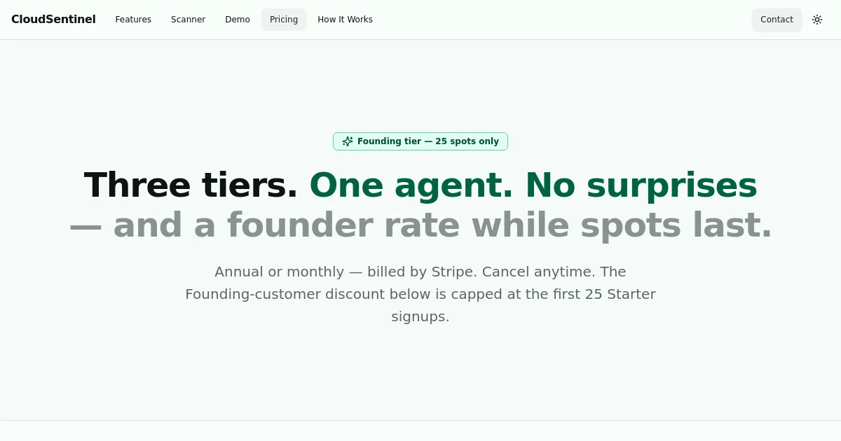 Cloudsentinel pricing page