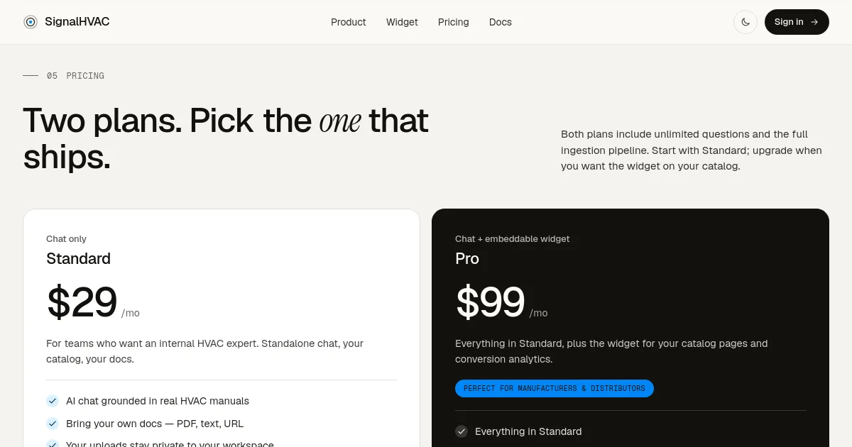 Signalhvac pricing page