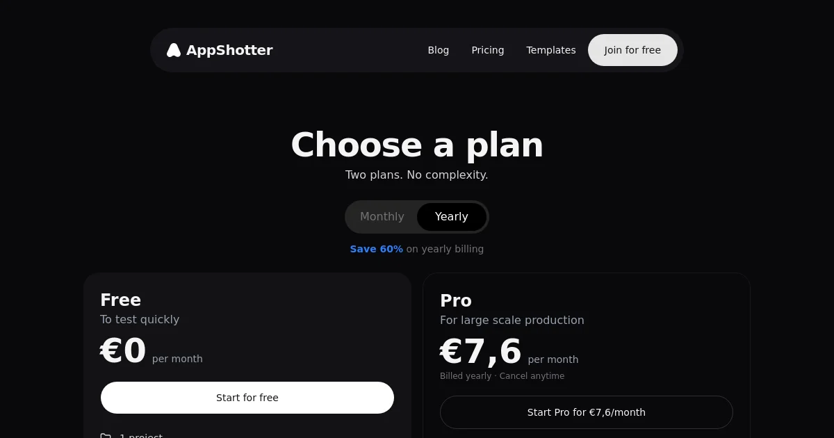 Appshotter pricing page