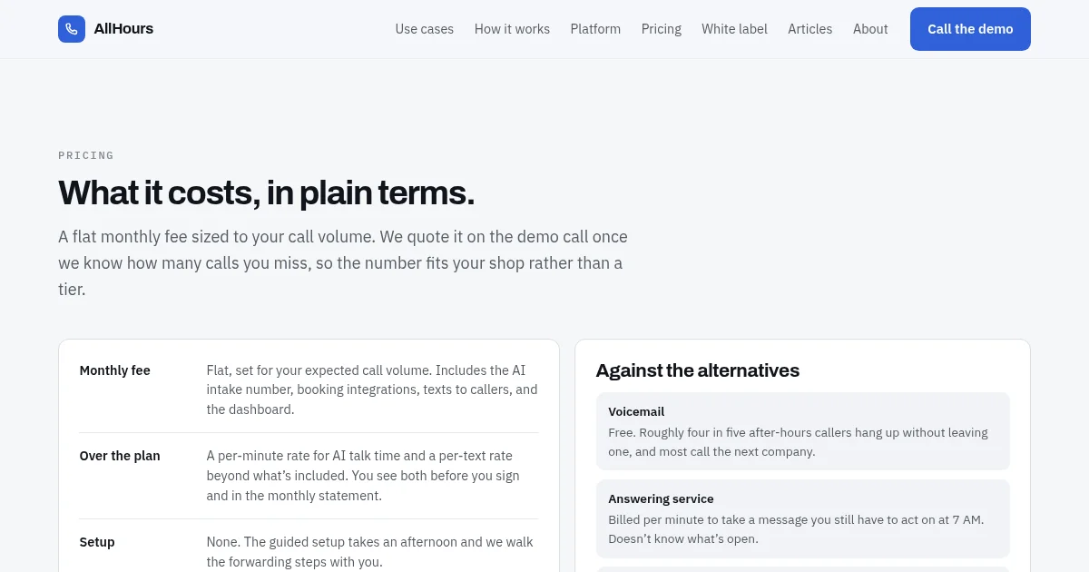AllHours pricing page